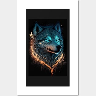 Cool Wolf portrait with teal and orange glow Posters and Art